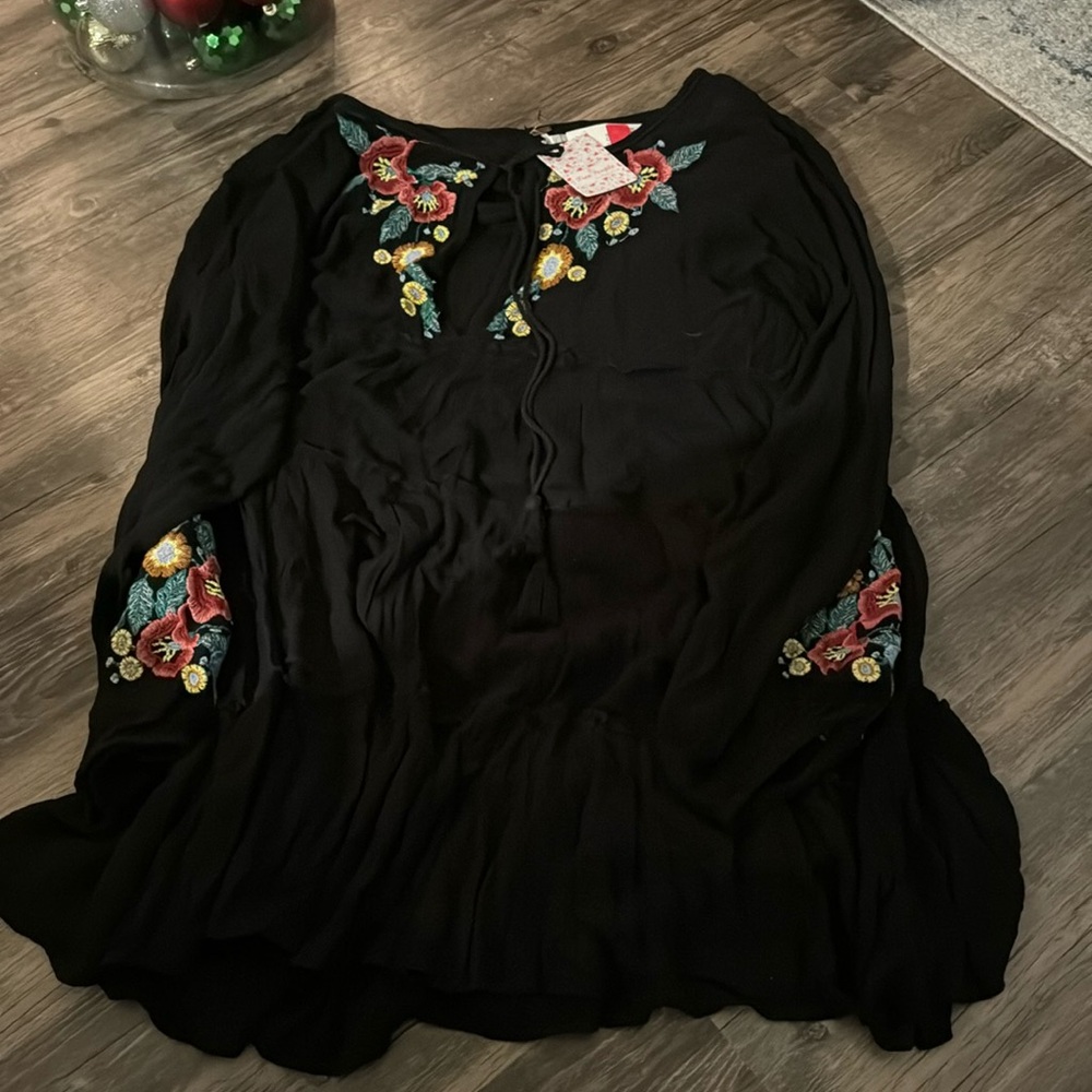 Free People Black Mini Dress with Floral Embroidery